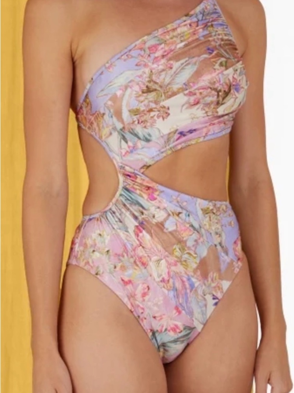 Zimmermann Lavender and Pink Floral One-Shoulder Cutout Swimsuit